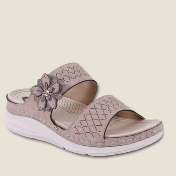 2 Left Italina Tan Comfort Flower Rosette Slip-On Wedge Heel Padded Slide Sandal