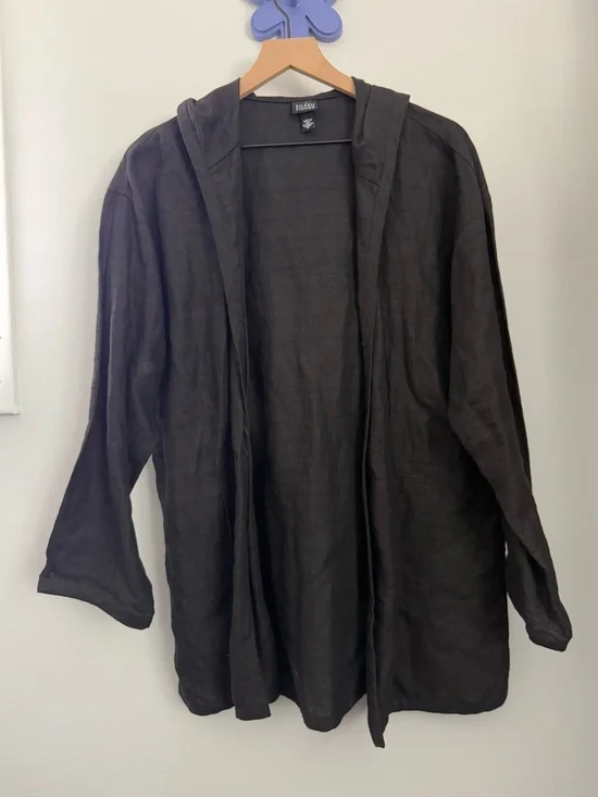 Eileen Fisher Medium Cotton Bamboo Open Front Hoodie Top Black Minimal Relaxed