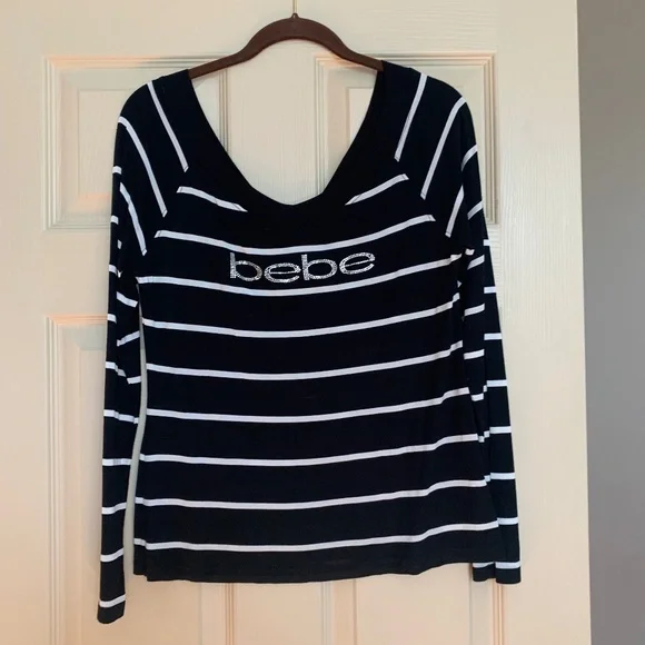 Bebe Black/White Striped Embellished Top sz M