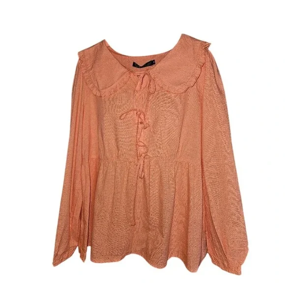 ZESICA Orange Peplum Top‎ M | Tie Front, Puff Sleeves, Lapel Collar NEW