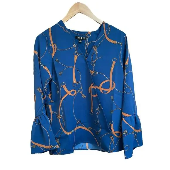 IMAN Global Chic‎ Blue Wrap Blouse Size XS NWT