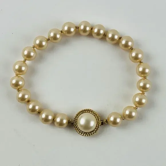 Vintage Signed Crown Trifari Gold Tone Metal Faux Pearl Beaded Bracelet Yellow