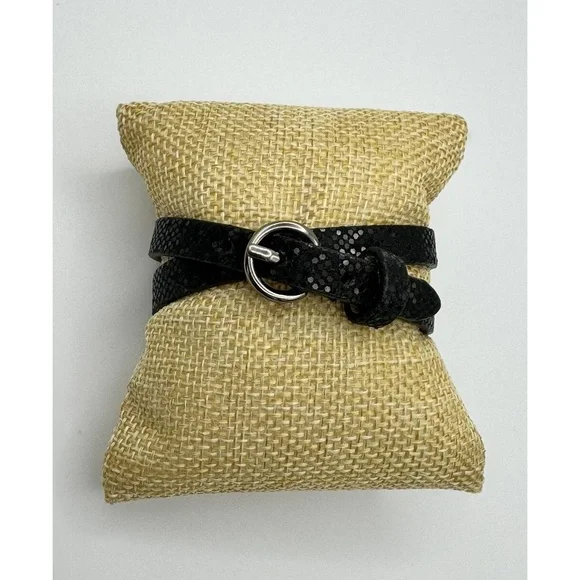 J Crew Black Leather Wrap Bracelet Faux Snakeskin Belt Buckle 32927‎