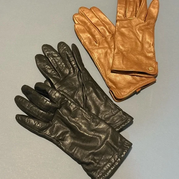2 pairs of female Black and Brown Leather Gloves, fits small and extra small‎