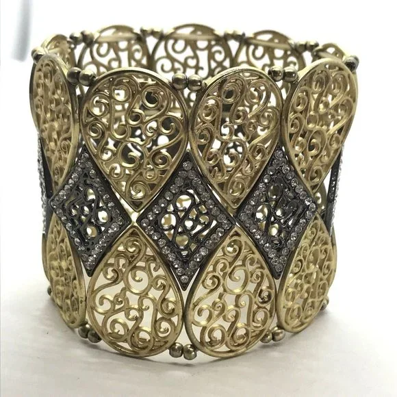 GOLD SILVER TONE FILAGREE STRETCH RHINESTONES CRYSTALS bracelet‎