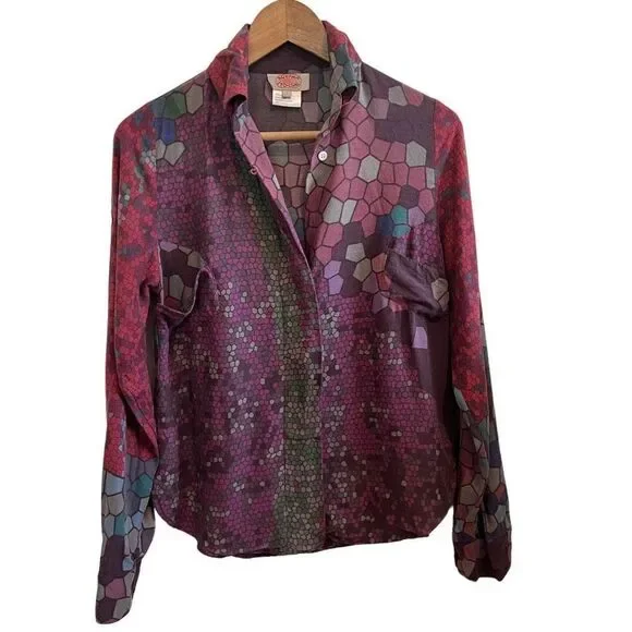 Aoyama Itchome Shirt Women’s Small Mixed Print Roll Tab Viscose
