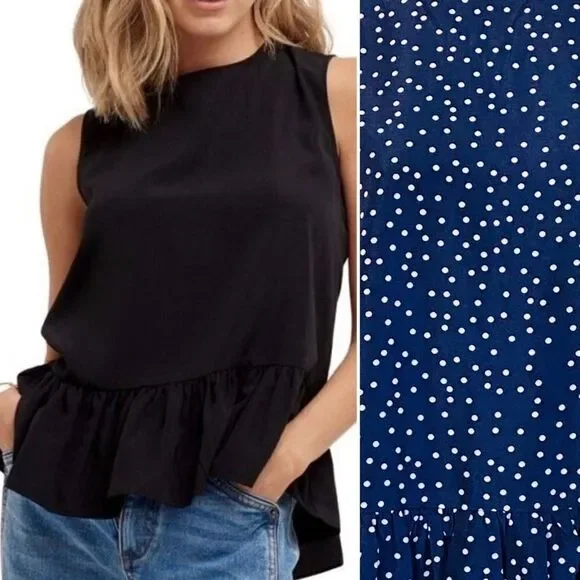 Cooper St Navy Blue White Polka Dot A-Line Ruffle Hem Sleeveless Blouse Sz L NWT