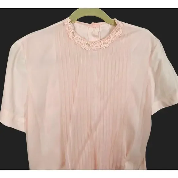 VTG Pink Pleated Sheer Button Back Blouse Size M Rosette Beaded Collar Victorian