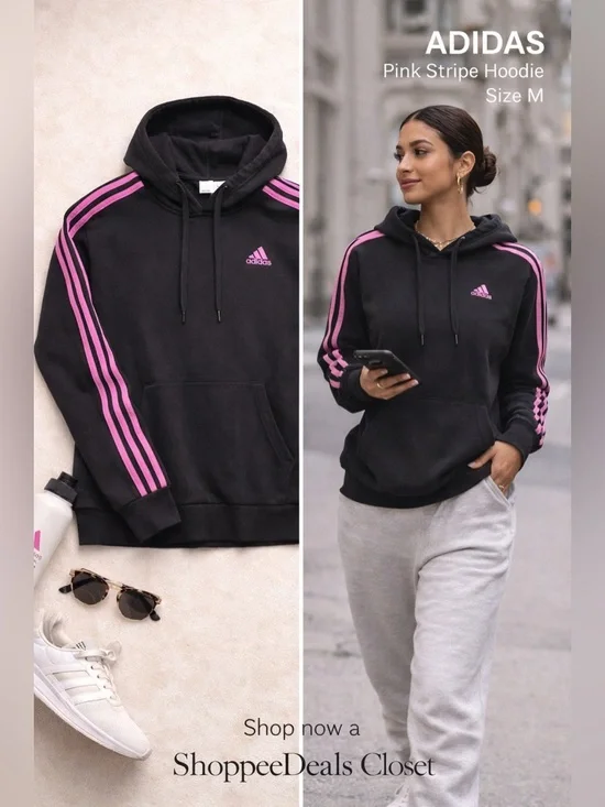 Adidas Black Pink Stripe Hoodie Sweatshirt Women’s Medium