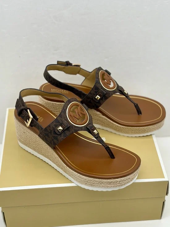 Michael Kors Aubrey Cutout Signature Logo Wedge Sandal Brown 7