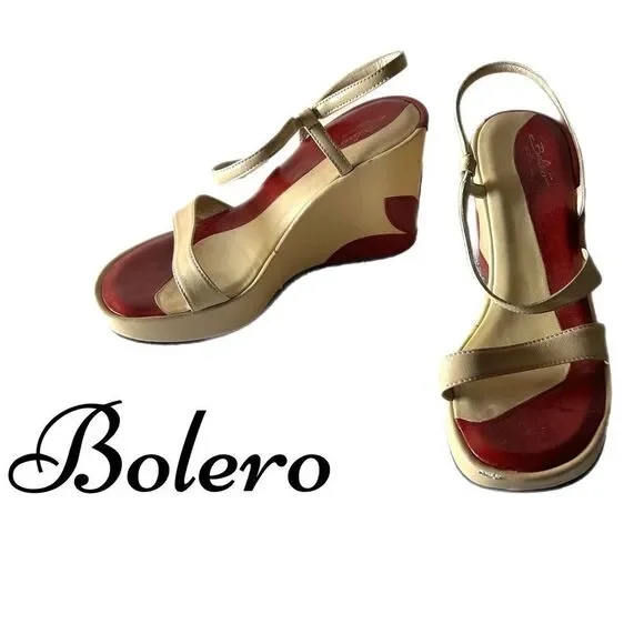 Bolero Italian Leather Tan Red Flower Wedge Heels Women’s size 36