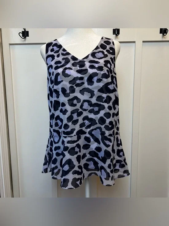 Cabi Siz Small Sheer Sleeveless Blouse Top Blue Cheetah Peplum Rockabilly Preppy