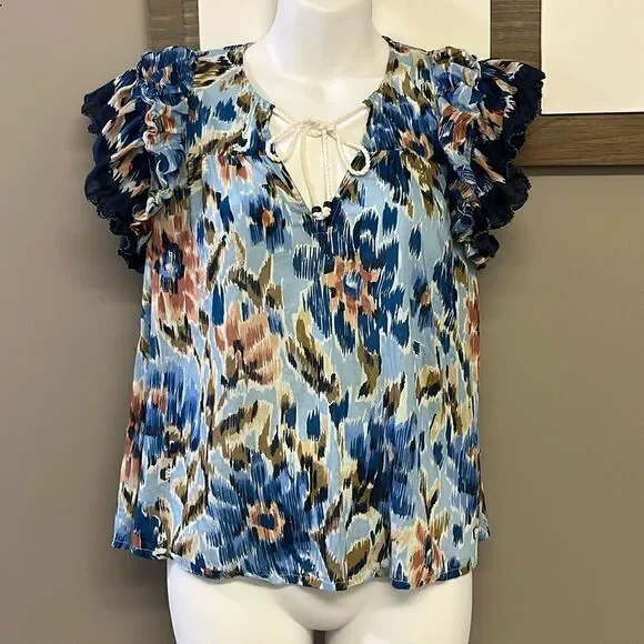 House of Harlow 1960 Boho Floral Ruffled Sleeve V-Neck Blouse w/ Rope Tie-Small
