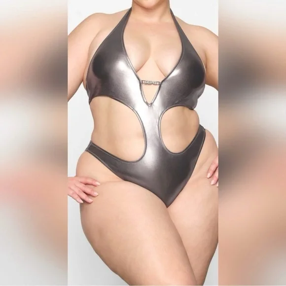 SKIMS 1 Piece Sexy Cut Out Halter Monokini Swimsuit Metallic Carbon 26-28 4X