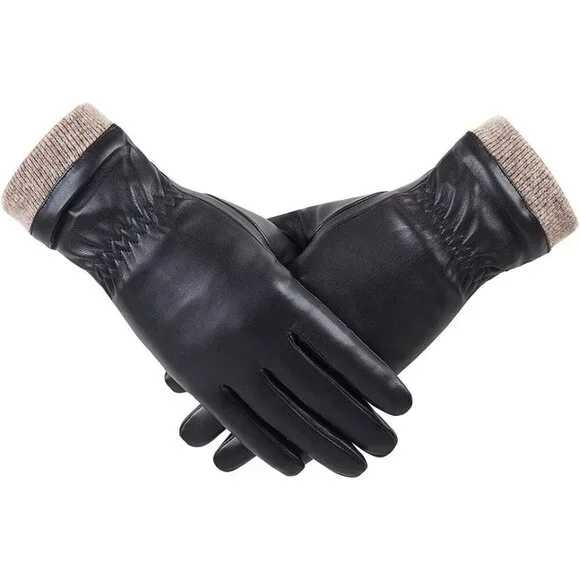 Women's Black Wool Fleece Lined Warm Touchscreen Thick Thermal Snow Gloves