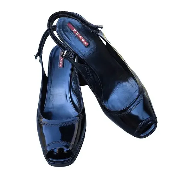 Prada Black Sport Patent Leather Peep Toe Wedge Slingback Sandals 41