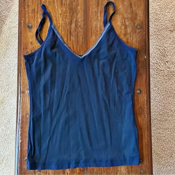 Oui Women’s Blue Tank Top/ Camisole V Neck Lace Sheer Back Size 6