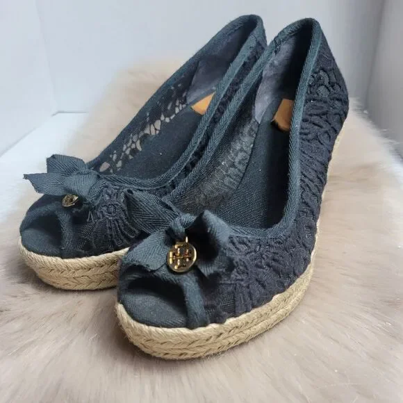 Tory Burch Jackie Wedge Womens Black Lace Espadrille Shoes
