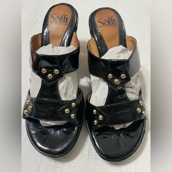 Sofft Black Patent Leather Wedge Sandals Cork Heel Studded Slip On 6.5M
