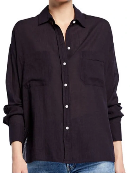 NEW NWT Vince Textured Double Pocket Long Sleeve Blouse in Navy