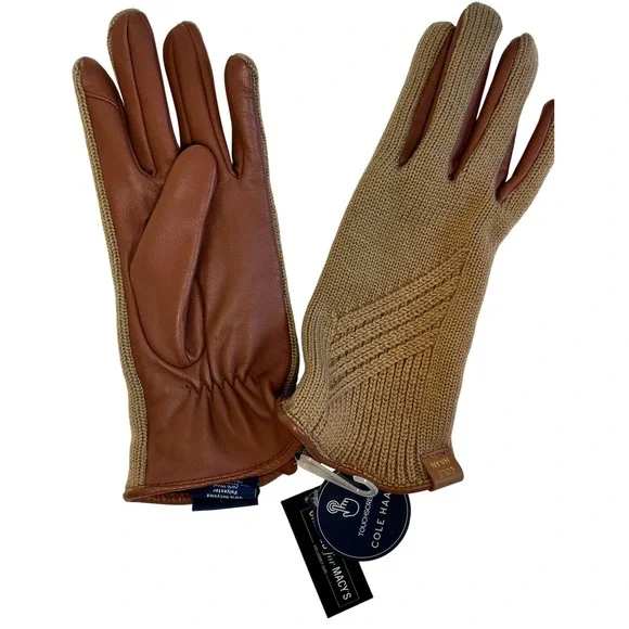 NEW Cole Haan Womens Leather &‎ Wool Knit Touchscreen Gloves Cognac Camel Small