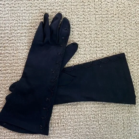12” Vintage Gloves, Beaded, cotton/poly, unlined.