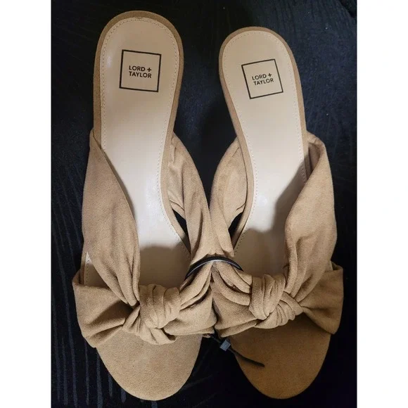 Lord Taylor Womens Tan Suede Like Knot Wedge Sexy‎ Slide Shoes Sz 11 NWOT