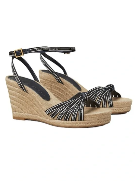 NEW Tory Burch Ribbon Strappy Wedge Espadrille Platform Sandals Navy Cream Tan 9