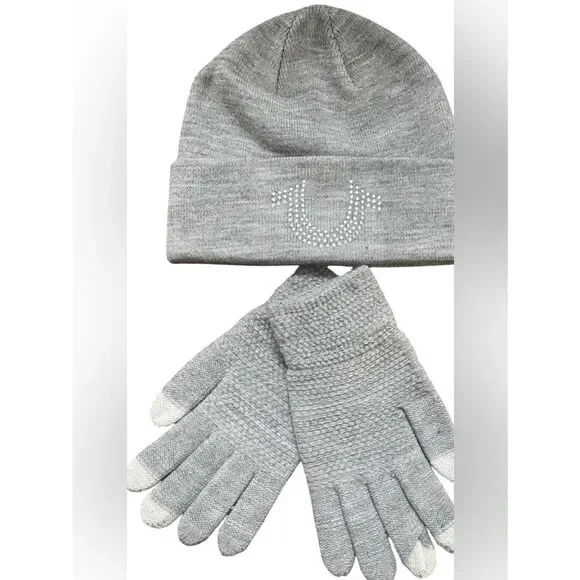 True Religion Gray Knit Beanie and matching gloves
