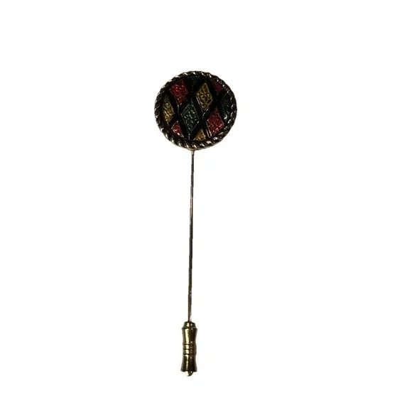 VTG Sarah Coventry Gold Tone Red Green Yellow Mosaic Enamel Round Hat‎ Stick Pin