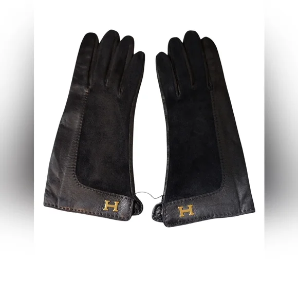 New Vintage Hermes Elegant Black Suede Leather Gloves with Gold Accents Lined 7