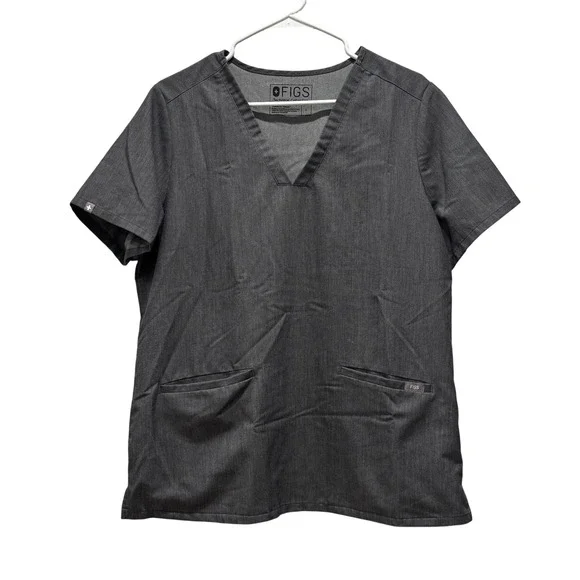 Lot of 2 FIGS Technical Scrub Top Charcoal Gray V-Neck Short Sleeve‎ Size L