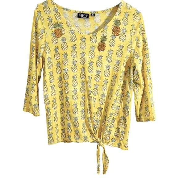 Onque Casuals Medium Yellow Pineapple Print Tie At Waist Top