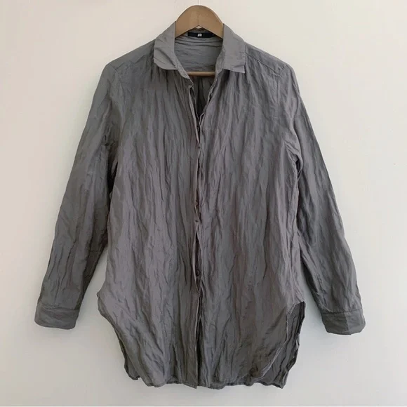 Jarbo Grey Crinkle Lagenlook Button Front Shirt Sz 2 US 6 Minimalist