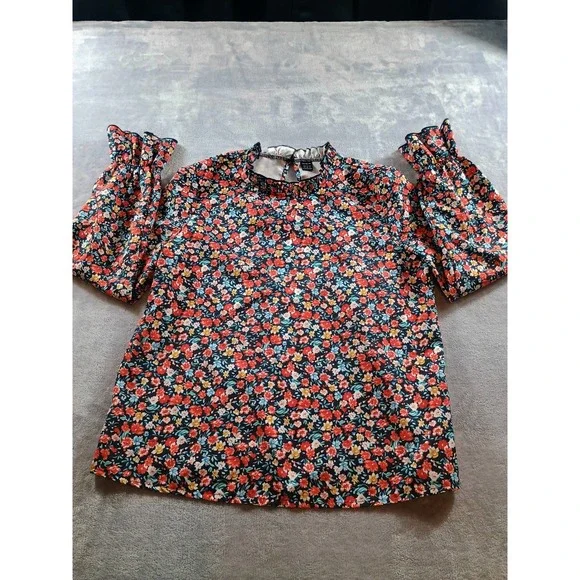 SHEIN Womens Floral Mock Neck Blouse Multicolor Small Smocked Cuffs