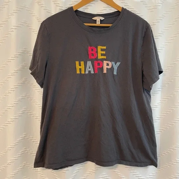 Time and Tru Womens XXL 20 Be Happy Embroidered Graphic T-Shirt Charcoal Grey