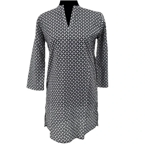 CHARLESTON SHOE CO. NAVY & WHITE COTTON Geometric LOGO 3/4 SLVS TUNIC SM‎ NEW