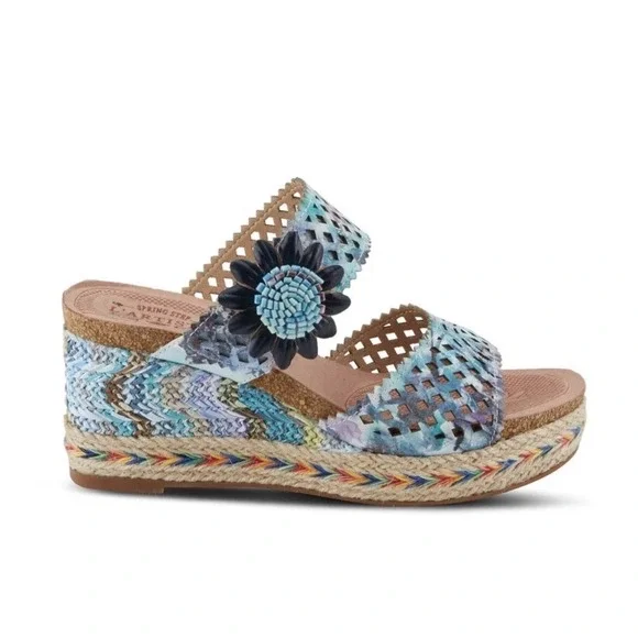 L'Artiste by Spring Step Size 35/ US 5 Evesgarden Floral Corky Wedge Sandal Blue
