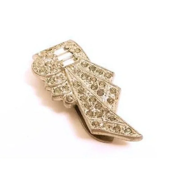 Vintage Art Deco Clear Rhinestone‎ Silver Toned Pot Metal Dress Clip Buckle