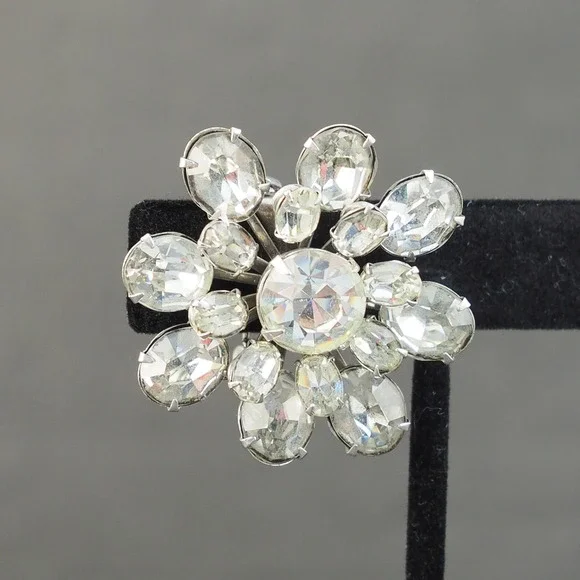 Coro Brooch Pin Flower Silver Tone Clear Rhinestone Prong Set Vintage Estate