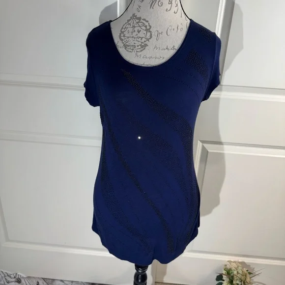 Carole Little Navy Short Sleeve Scoop Neck Top with Beading PL
