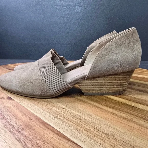Eileen Fisher Wedge Pumps Womens 8.5 Taupe Suede dOrsay Elastic Strap Minimalist