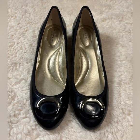 Bandolino Black Patent Wedge Pumps with Champagne Gold Detail
