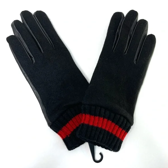 CALVIN KLEIN Leather & Wool Blend Gloves Striped Cuff NEW Black Red