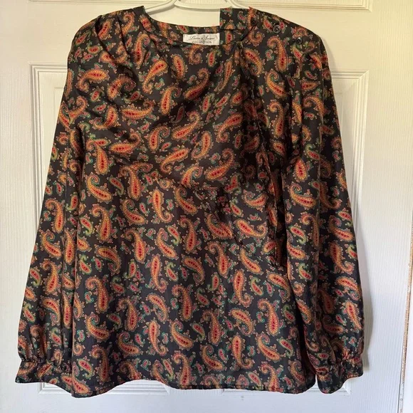 Vintage 90s Paisley Blouse Womens Size‎ 10 Black Long Sleeve Boho EUC