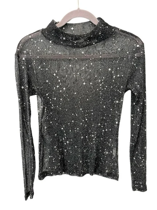 Disco Celestial Black Sheer Rave Top Size Small Mock Neck Mesh Star Night Out