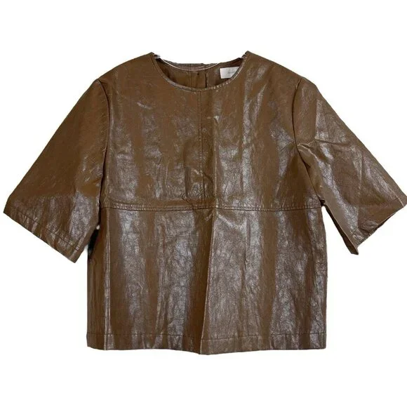 Mignon Doo Cropped Faux Leather Shiny Buttoned Blouse Top Brown Size Small