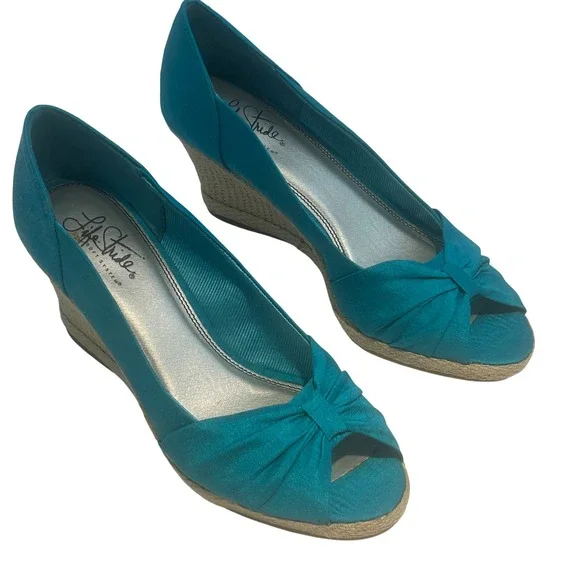 LifeStride Rhonda Wedge Heels Size 8M Turquoise Peep Toe Espadrille Comfort