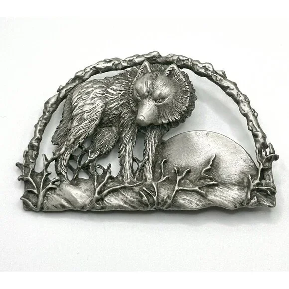 Vintage JJ Jonette 3D Wolf Pin‎ Brooch Wolves in Woods With Moon Metal