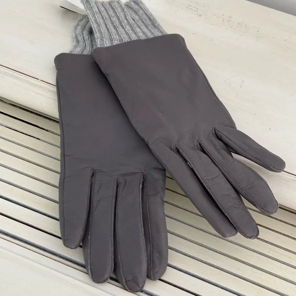 Womens Banana Republic Grey Leather Winter Driving Gloves Ribbed Knitted Cuff